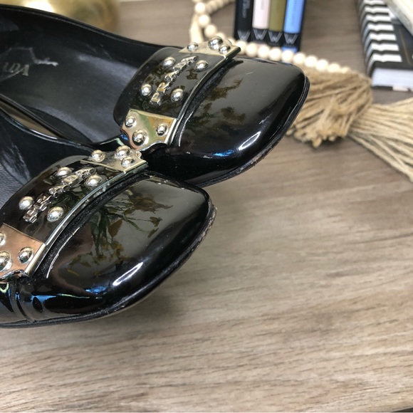 Prada Black Patent Leather Logo Detail Square Toe Block Calzature Donna Pumps 38 - Picture 6 of 10